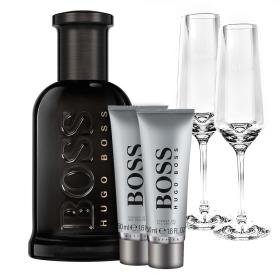 Boss Bottled Parfum 100ml & gratis Sektgläser + Shower Gel 